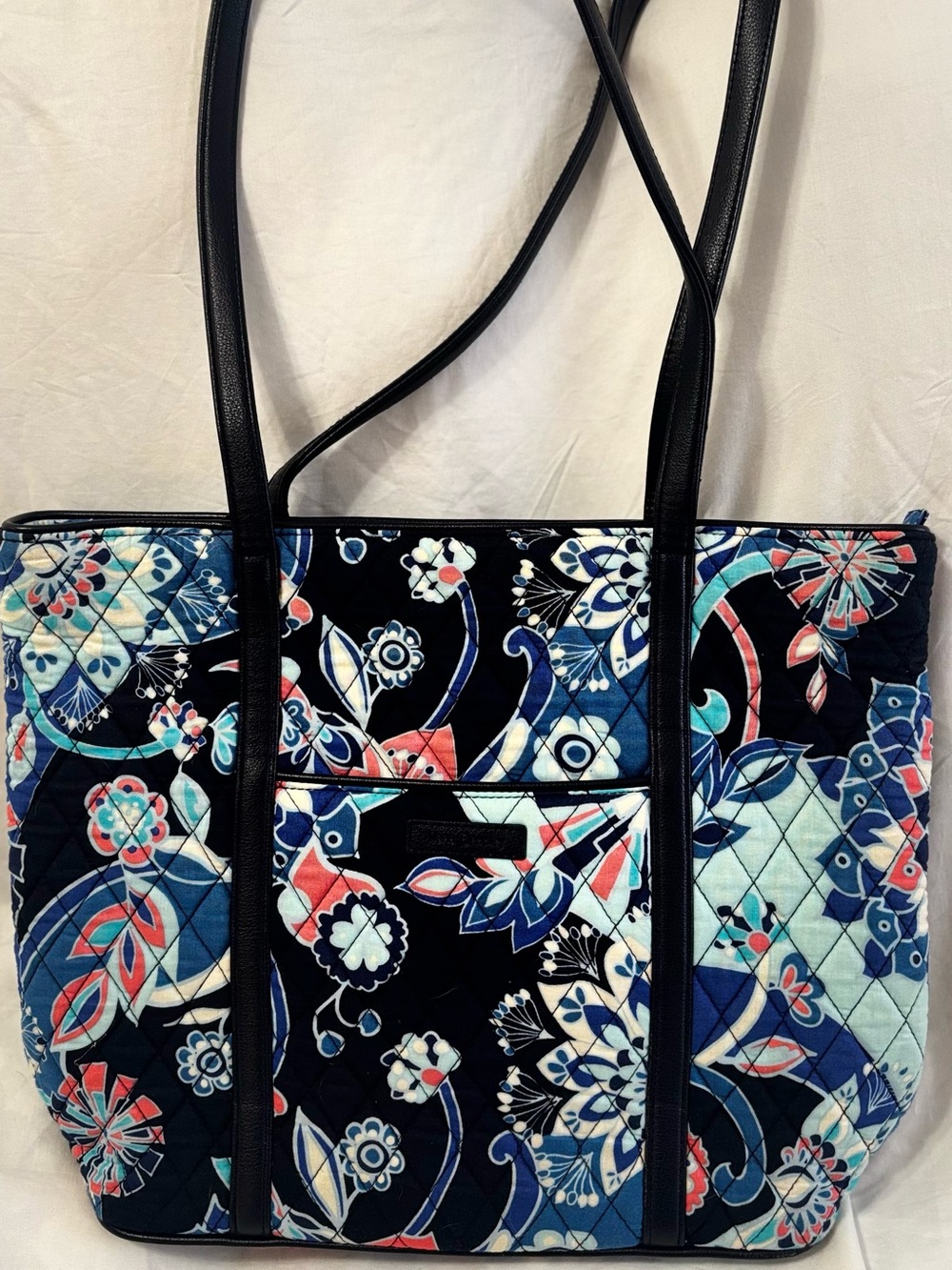 Vera Bradley Quilted Floral Tote Bag Blue Multi Faux Leather Straps